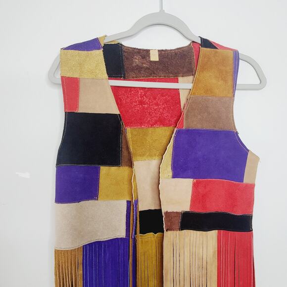 Vintage Suede Color Block Fringed Vest Art Colorful Festival Wear M - Picture 2 of 13